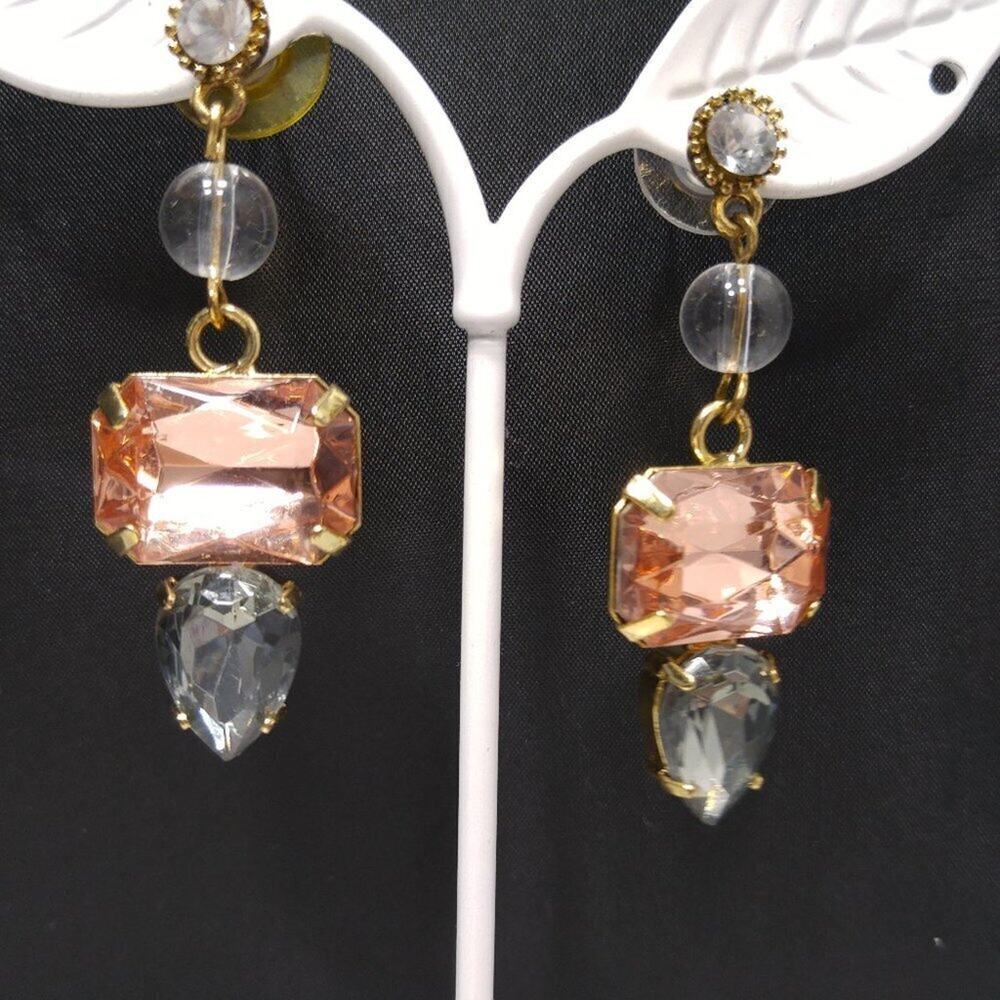 Vintage Pink Blue Gray Acrylic Rhinestone Drop Post Earrings, 2 Inches